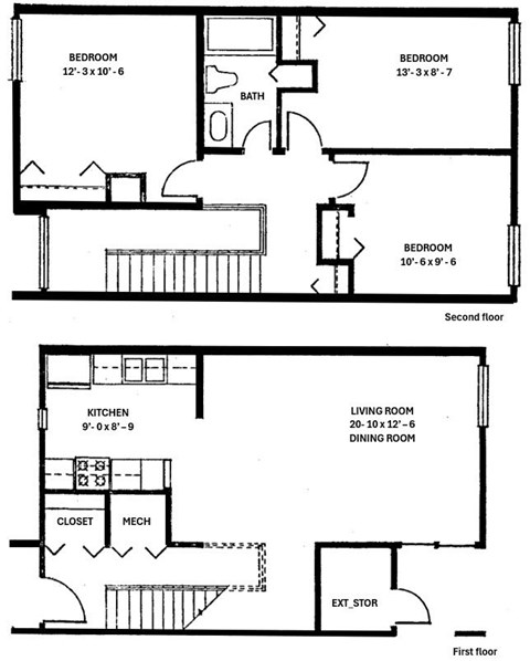 A floor plan of a two-story house with labeled rooms and dimensions.